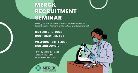 Graphic of a female scientist in front of a green background that says "Merck Recruitment Seminar - October 16, 2023"